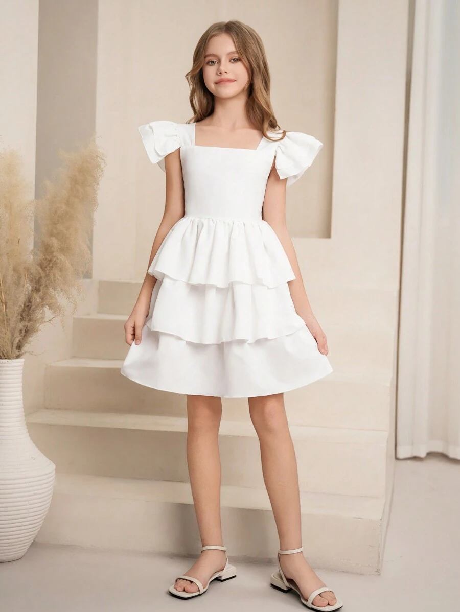 SHEIN 青少年女孩方领细肩带盖袖修身薄纱连衣裙，优雅适合婚礼、情人节派对、伴娘