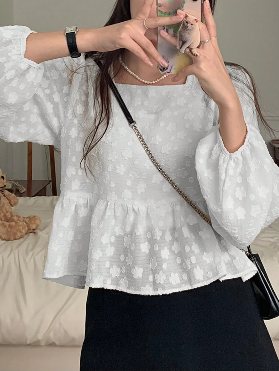 DAZY Women's Solid Color Jacquard Loose Square Neck Long Sleeve White Shirt, Spring/Summer,Babydoll Top - White - View 1