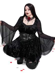 Whyspr Goth Punk Plus Size Velvet Collared Long Sleeve Punk Style Waist Cinching 2 Pieces Set For Holiday Party Clothes