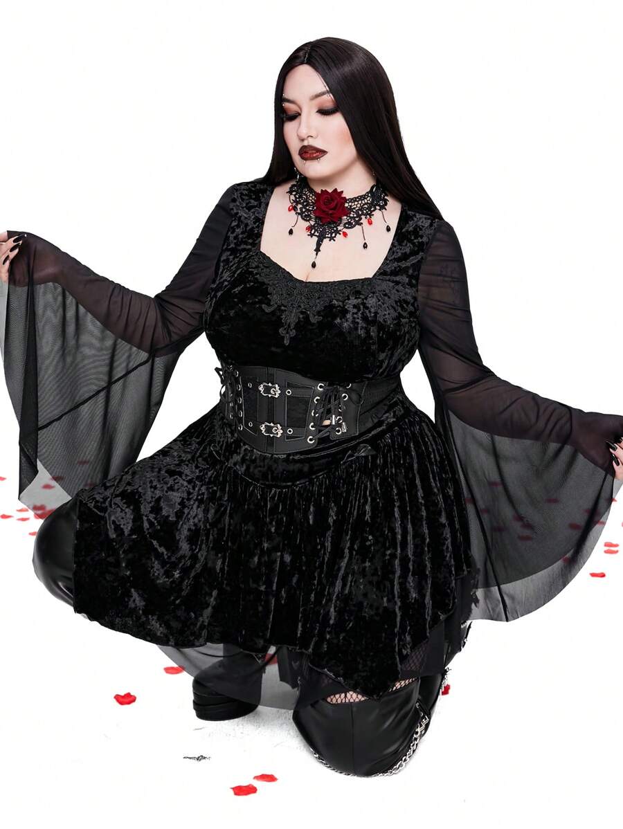 Whyspr Goth Punk Plus Size Velvet Collared Long Sleeve Punk Style Waist Cinching 2 Pieces Set For Holiday Party Clothes
