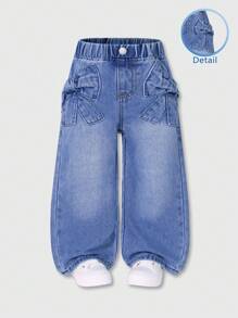 SHEIN Wildeya Young Girl All-Match Casual Cute Bow Embroidered Pocket Relaxed Straight Leg Washed Denim Jeans, Suitable For Daily Wear
