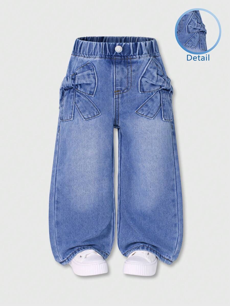 SHEIN Wildeya Young Girl All-Match Casual Cute Bow Embroidered Pocket Relaxed Straight Leg Washed Denim Jeans, Suitable For Daily Wear