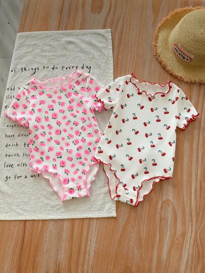 SHEIN LMoss Kids LMoss 2pcs Newborn Baby Girl Summer Cute Floral Cartoon Print Knit Elastic Snap-Up Short Sleeve Bodysuit Set