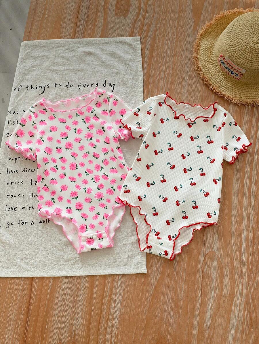 SHEIN LMoss Kids LMoss 2件套新生女宝宝夏季可爱碎花卡通印花针织弹力按扣短袖连体衣套装 - 粉色 - 查看 1
