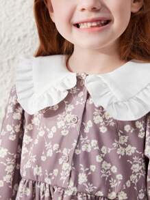 Blossori 年轻女孩法式优雅卡其色碎花宽松大领连衣裙，秋冬 - 彩色 - 查看 6