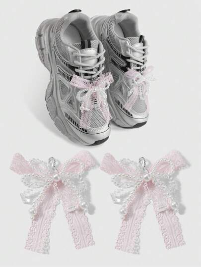 Kawaii 2 pièces/set élégant et délicat fait main blanc perle fausse et cristal, nœud en tulle rose, clips de chaussures polyvalents, décoration pour chaussures/bottes, convient aux filles et aux femmes, pour usage quotidien ou cadeau, pour les Baskets, chaussures décontractées des femmes et des hommes