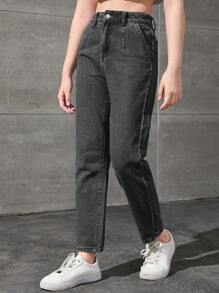 SHEIN 青少年女孩高腰直筒牛仔裤，适合夏季休闲日常穿着 - 黑色 - 查看 1