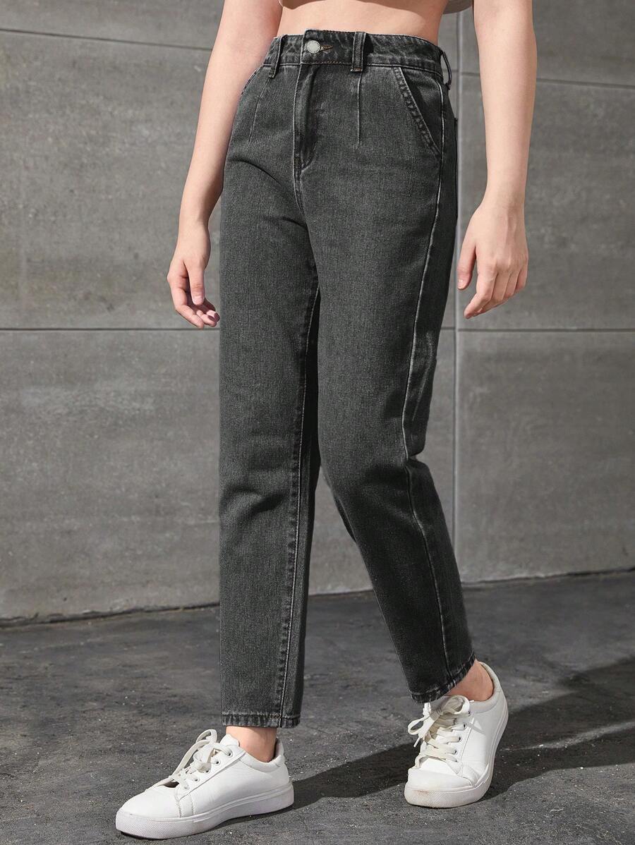 SHEIN 青少年女孩高腰直筒牛仔裤，适合夏季休闲日常穿着 - 黑色 - 查看 1