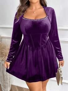 Celure Plus Size Women Elegant Romantic Velvet Pearl Decor Faux Fishbone Design Dress