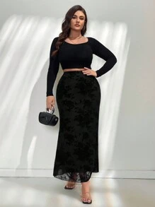 SHEIN Privé Plus Size Elegant Mermaid Hemline Knitted Flocked Fabric Stretchy Long Skirt For Women, Autumn/Winter