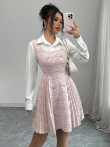 Elenzga Bộ 2 món áo sơ mi thanh lịch + váy xếp ly cho nữ, dành cho mùa thu/đông - Nhiều màu - Xem 5