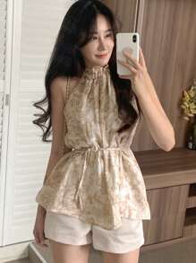 DAZY Women's Sleeveless Tie-Up Stand Collar Elegant Shirt, Beige, Spring & Summer Tank Tops Going Out Tops - Apricot - View 2