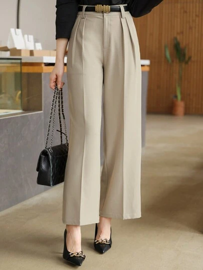 DAZY Quần âu ống rộng xếp ly màu trơn thường ngày dành cho nữ, tối giản và thời trang để mặc hàng ngày, quần âu nữ thời trang công sở thu/đông