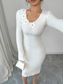 Calvaya Vestido de punto elegante con cuello en V, dobladillo floral y abertura lateral para mujer para el invierno