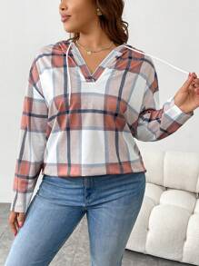 INAWLY 女士加大码格子落肩长袖抽绳连帽运动衫，秋季休闲款