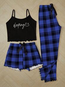 3pcs Set: Letter & Plaid Print Camisole Shorts And Pants - Multicolor - View 7