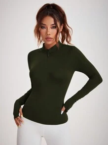 Women's Solid Color Zipper Half Placket Long Sleeve Breathable Yoga Sports Sweatshirt With Open Back - Army Green - View 4