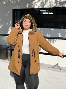 SHEIN EZwear Plus Drawstring Waist Fuzzy Trim Hooded Parka Coat, For Winter Fall Autumn - Brown - View 5