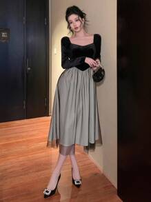 DAZY Lace Patchwork Sweet Heart Collar Long Sleeve Elegant Mid-Length Dress For Women,Fall Dress - Black - View 11