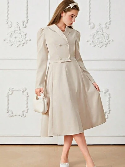 SHEIN Explorewe 青少年女孩两件套：纯色领长袖双排扣夹克和迷你裙，秋季