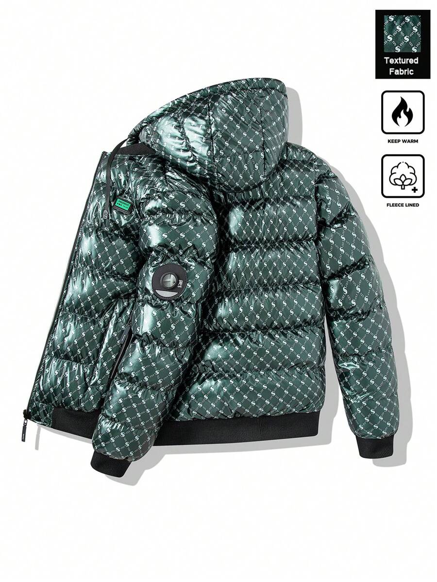 Manfinity Homme Men's Letter Print Zippered Hooded Jacket For Winter - Green - View 1