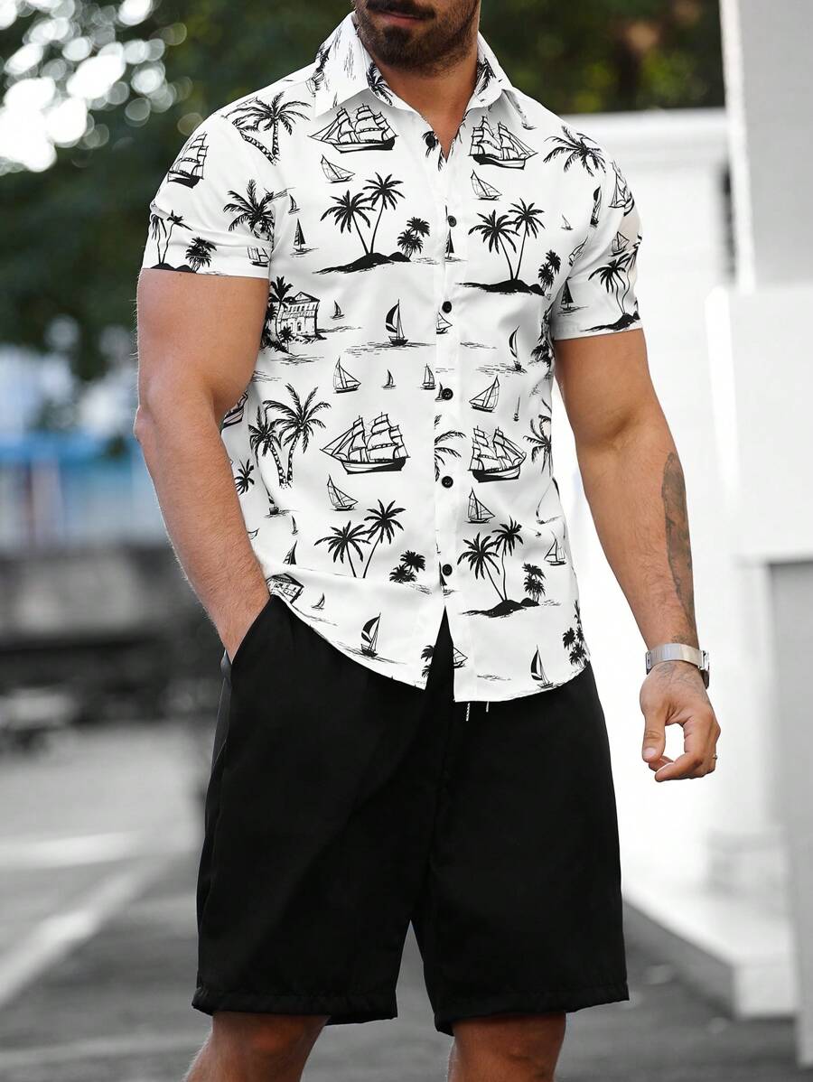 Manfinity RSRT Plus Size Men's Button Front Short Sleeve All Over Print Casual Top And Shorts Set - Multicolor - View 1