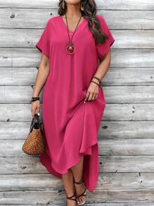 EMERY ROSE Vestido casual de manga corta con escote en V, manga de murciélago y bajo asimétrico para mujer talla grande