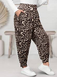 EMERY ROSE Plus Size Women's Leopard Print Ruched Ankle Casual Baggy Pants,Spring