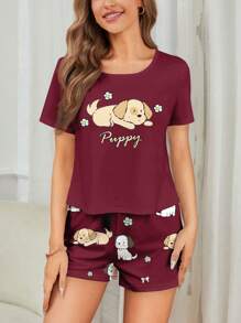 CoupledUp 2-teiliges Set Damen Hunde Muster Rundhals Kurzarm T-Shirt und Shorts Pyjama