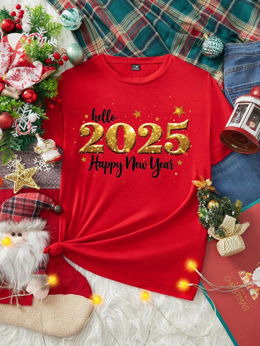 SHEIN Essnce Casual 2025 New Year Graphic Round Neck Short Sleeve Women T-Shirt, Suitable For Autumn/Winter - Red - View 1
