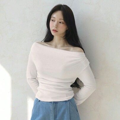 1개 여성용 핏감 있는 솔리드 컬러 오프숄더 우아한 긴팔 티셔츠 여성 탑, 가을 여성 의류