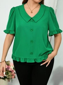 SHEIN Clasi Plus Size Plain Front Button Short Sleeve Casual Pleated Shirt - Green - View 3