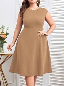 SHEIN Clasi 大码女式纯色圆领主教袖简约优雅连衣裙