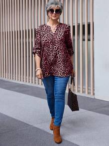 EMERY ROSE Plus Size Dames Luipaard Print Lange Mouw Shirt, Herfst