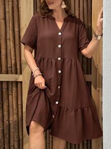 EMERY ROSE Plus Size Women Solid Color V-Neck Short Sleeve Single-Breasted Ruffle Hem Casual Dress,Vacation Outfits Woman,Boho For Women,Summer Outfits For Women/Summer