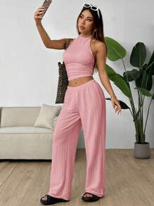 SHEIN EZwear Bộ đồ bó sát thường ngày dệt kim màu hồng dành cho nữ - Hồng - Xem 6