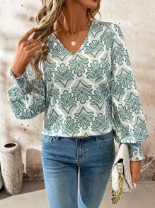 SHEIN Clasi Damen Grün Blumenmuster V-Ausschnitt Langarm Loose Bluse, Herbst Langarm Top Urlaubsoutfit Frauen Langarmhemd - Grün - Übersicht 6
