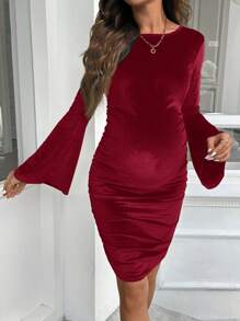 SHEIN Pregnant Women Plain Round Neck Long Sleeve Slim-Fit Short Dress - Burgundy - View 4