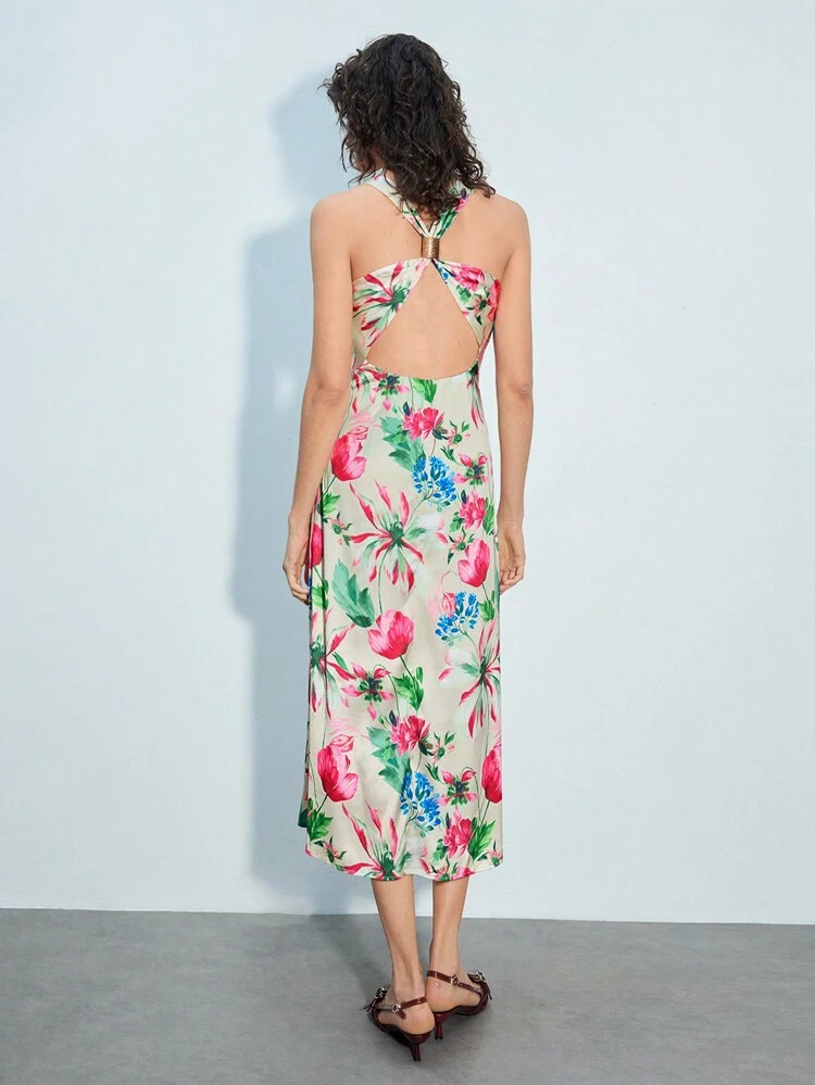 SHEIN Maija Women's Apricot Floral Print Pattern Sleeveless Backless Metal Decor Casual Dress, Versatile For Everyday Wear & Vacation Beach Going Out Outfits