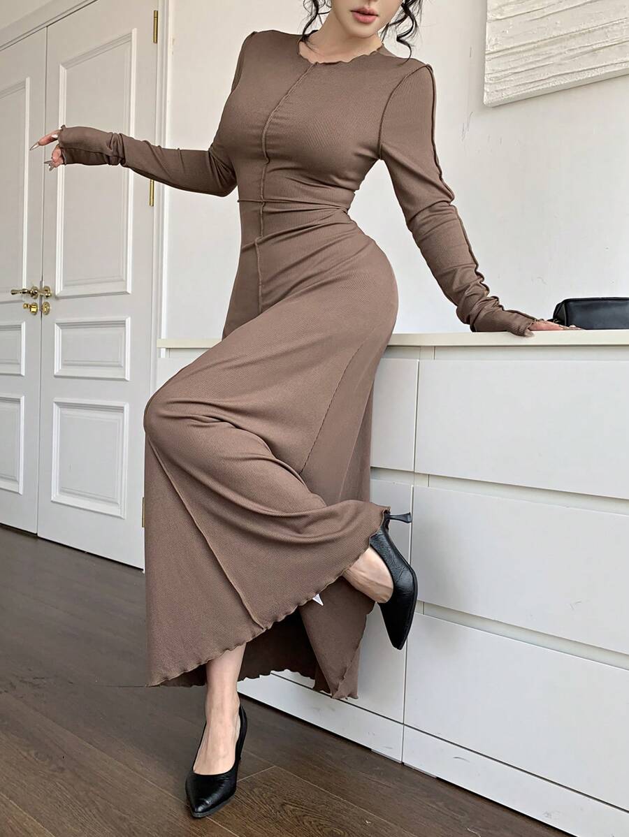 Modelyn Ladies Solid Color Frill Trim Crew Neck Long Sleeve Elegant Dress - Brown - View 1