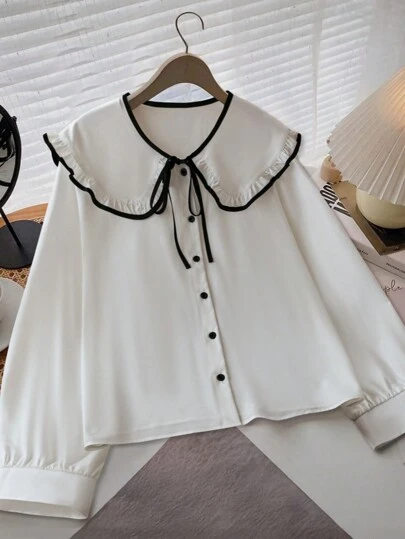 INAWLY 女式休闲拼色镶边领衬衫，秋季