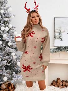 SHEIN LUNE Women's Christmas Red Snowflake Pattern Turtleneck Sweater Dress, Autumn/Winter Christmas Women Clothes