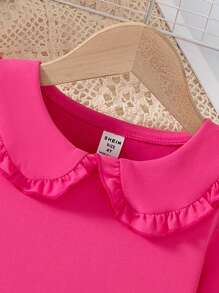Young Girl Young Girl Solid Color Peter Pan Collar Ruffle Hem Long Sleeve Thin Under Shirt, Fashionable Top For Spring & Autumn