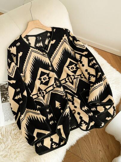 SHEIN Frenchy Plus Size Front Button Long Sleeve Pattern Detail Casual Jacket