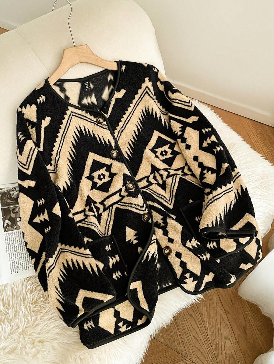 SHEIN Frenchy Chaqueta casual de manga larga con detalles de patrón y botones frontales talla grande - Multicolor - Ver 1