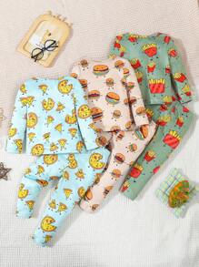 SHEIN 6pcs/Set Baby Boy Cute Cartoon Food All Over Print Comfy Snug Fit Long Sleeve Pajama Set - Multicolor - View 2