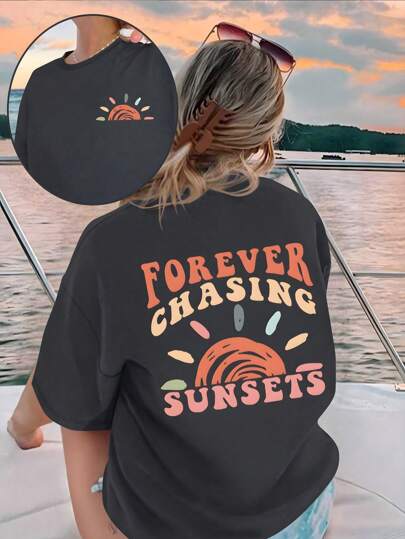 Teen Girls' Sun Art Painted Creative Letter Printed T-Shirt With Aesthetic Summer Casual Top