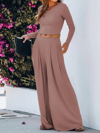 Stylish Casual Solid Color Long Sleeve Top And Wide Leg Pants 2 Pieces Set