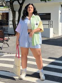 SHEIN EZwear Plus Letter Patched Colourblock Drop Shoulder Shirt & Shorts - Multicolor - View 5