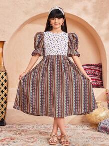 SHEIN Tween Mädchen Casual Vacation Gestreiftes & Blumen Patchwork Puffärmel Stufen Midikleid